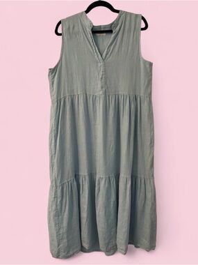 Bellambra 100% Linen Light Blue Tiered Midi Dress Made in Italy Size L